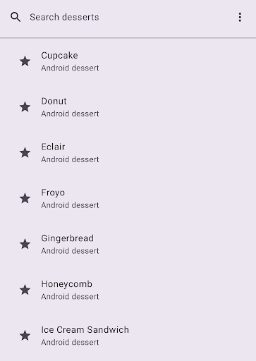 Une barre de recherche contenant les mots "recherche de texte suggéré" s'affiche. Sous la barre de recherche, une liste de suggestions de recherche s'affiche, avec une icône en forme d'étoile à côté de chaque suggestion.
